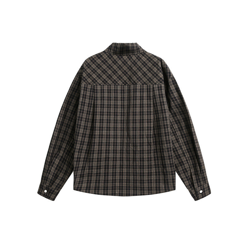Women's Checkered Oversized Shirt Blouse with Chest Pocket and Decorative Letter Print EVA-US