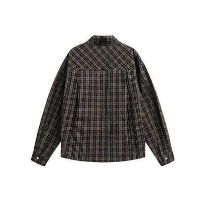 Women's Checkered Oversized Shirt Blouse with Chest Pocket and Decorative Letter Print EVA-US