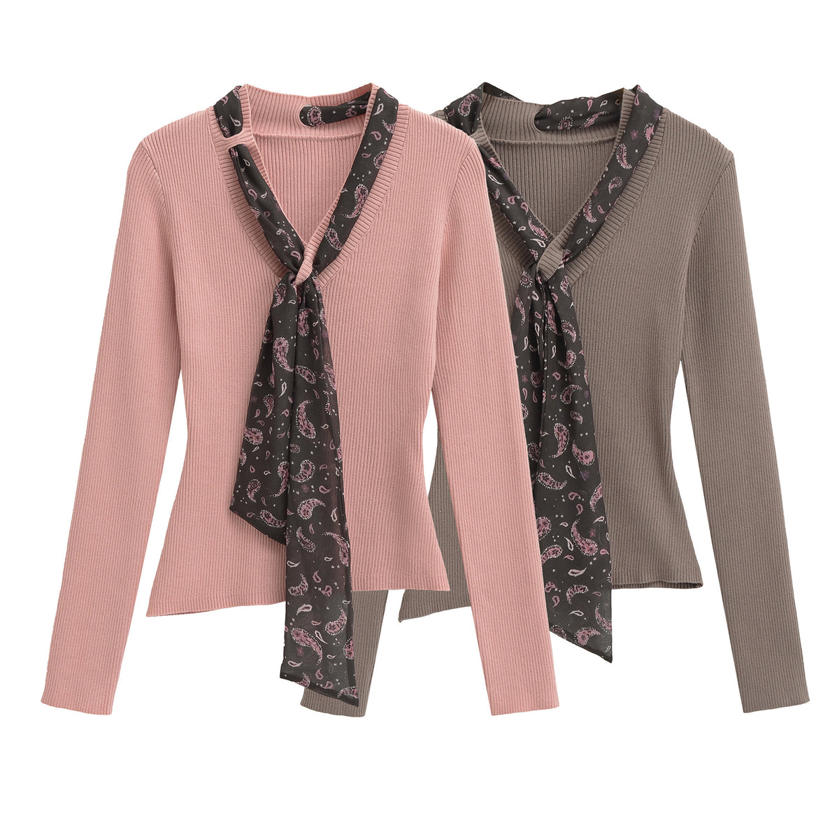 Women's fine knit pullover with threaded paisley scarf EVA-US