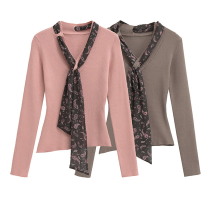 Women's fine knit pullover with threaded paisley scarf EVA-US