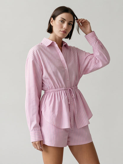 Women Striped Loungewear Set made of Lightweight Cotton with Drawstring Waist & Shorts EVA-US