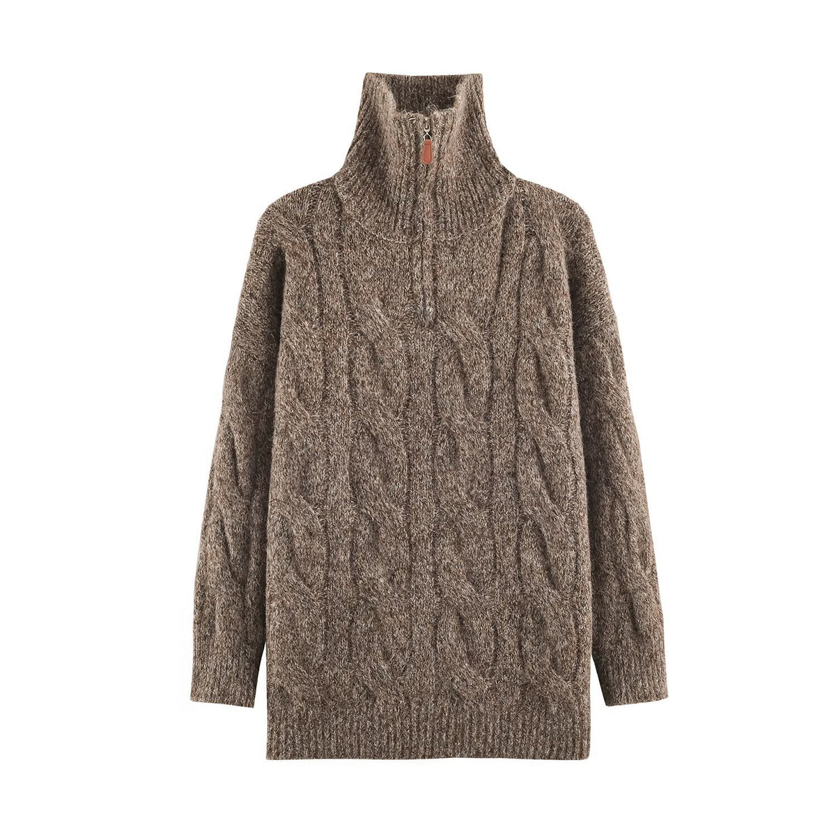 Women's Chunky Knit Long Sweater with Cable Pattern and Half-High Zip Collar EVA-US