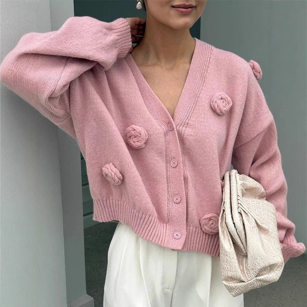 Women's Oversized Knitted Cardigan with Three-Dimensional Rose Applications and V-Neck EVA-US