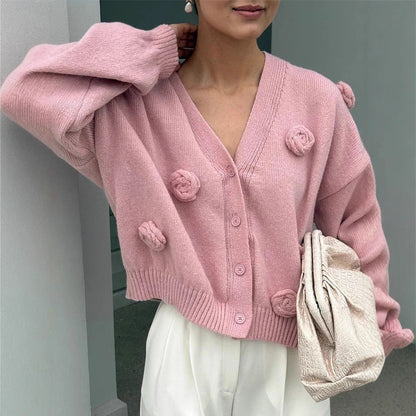 Women's Oversized Knitted Cardigan with Three-Dimensional Rose Applications and V-Neck EVA-US