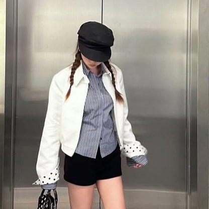 Women’s short-cut blouson jacket with stand-up collar, concealed zipper and contrasting polka dot patterned lining EVA-US