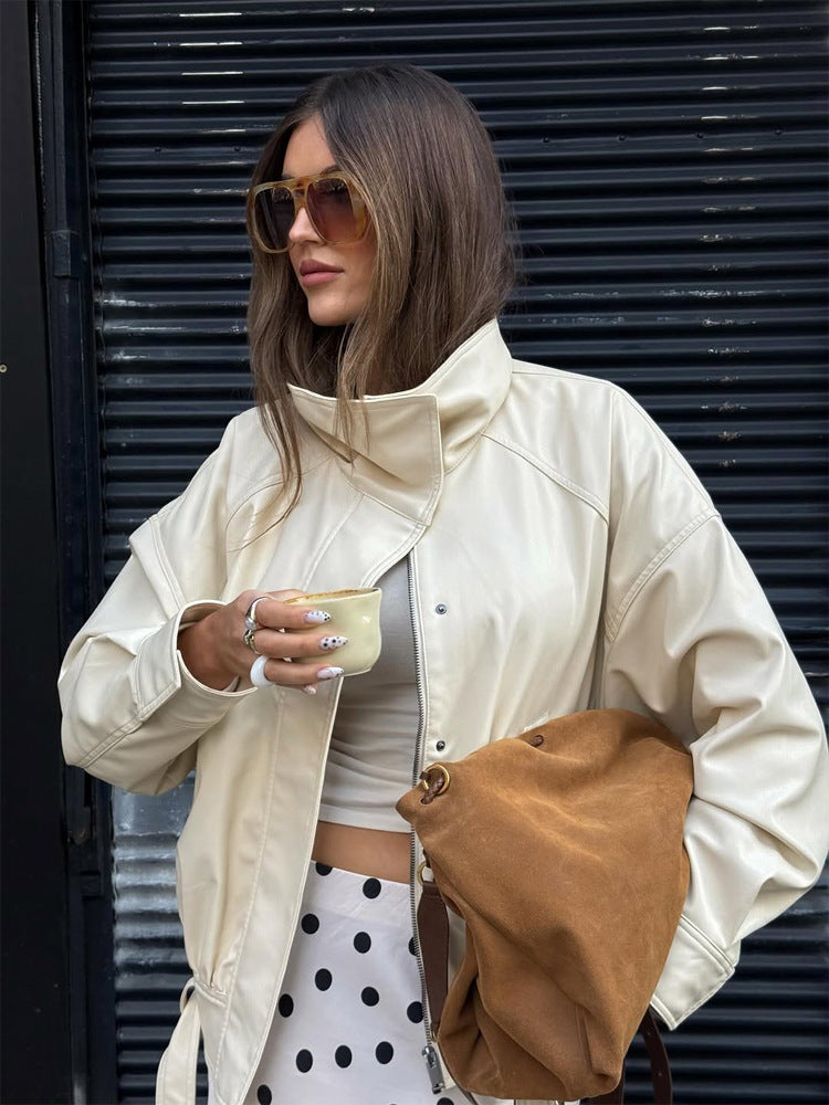 Women Oversized Faux Leather Jacket with High Stand-up Collar and Drawstring