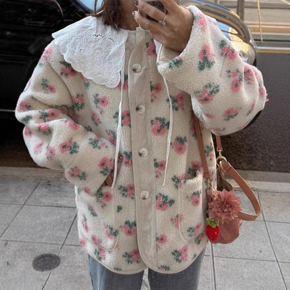 Women's teddy fleece jacket with floral print, cord placket, patch pockets, and oversized lace collar EVA-US