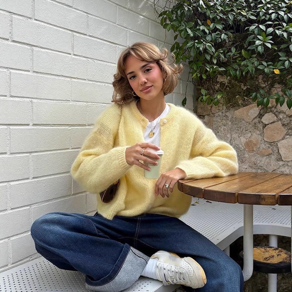 Women's Fluffy Short Jacket made of Mohair Mix with Round Neck and Boxy Silhouette EVA-US