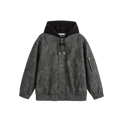Unisex Boxy-padded Hooded Bomber Jacket with Velour Look, Cord Collar and Sleeve Zipper EVA-US