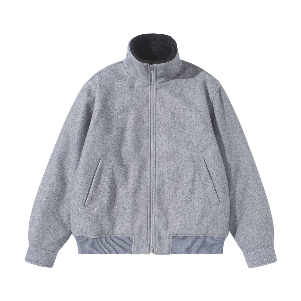 Unisex Boxy Wool Felt Bomber Jacket with High Stand-Up Collar, Fleece Lining and Ribbed Hem EVA-US