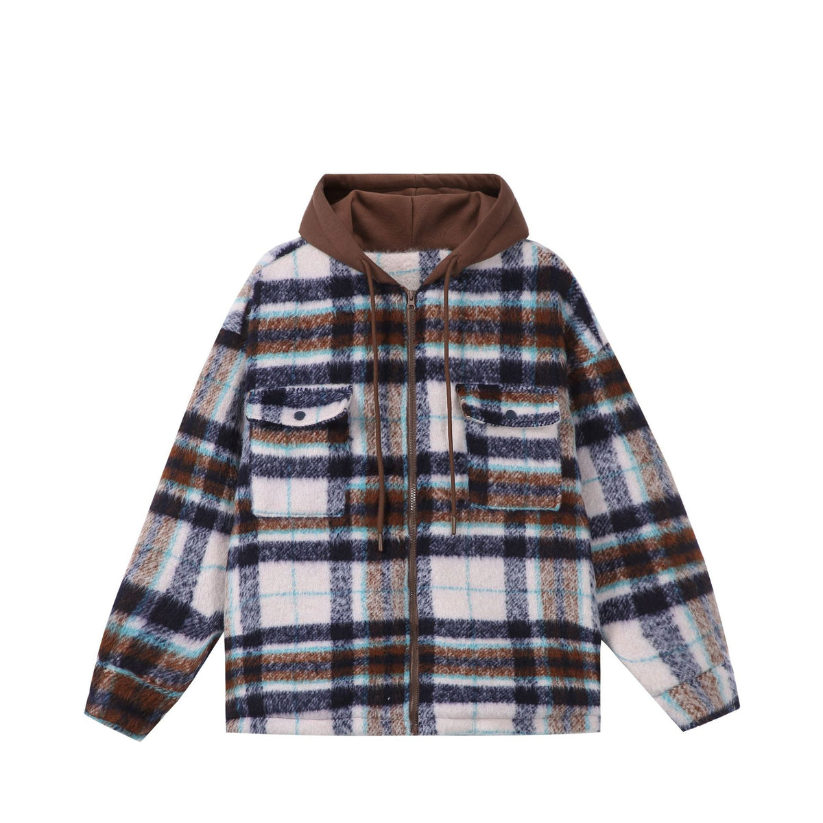 Unisex short cut plaid faux fur jacket with hood and zipper EVA-US