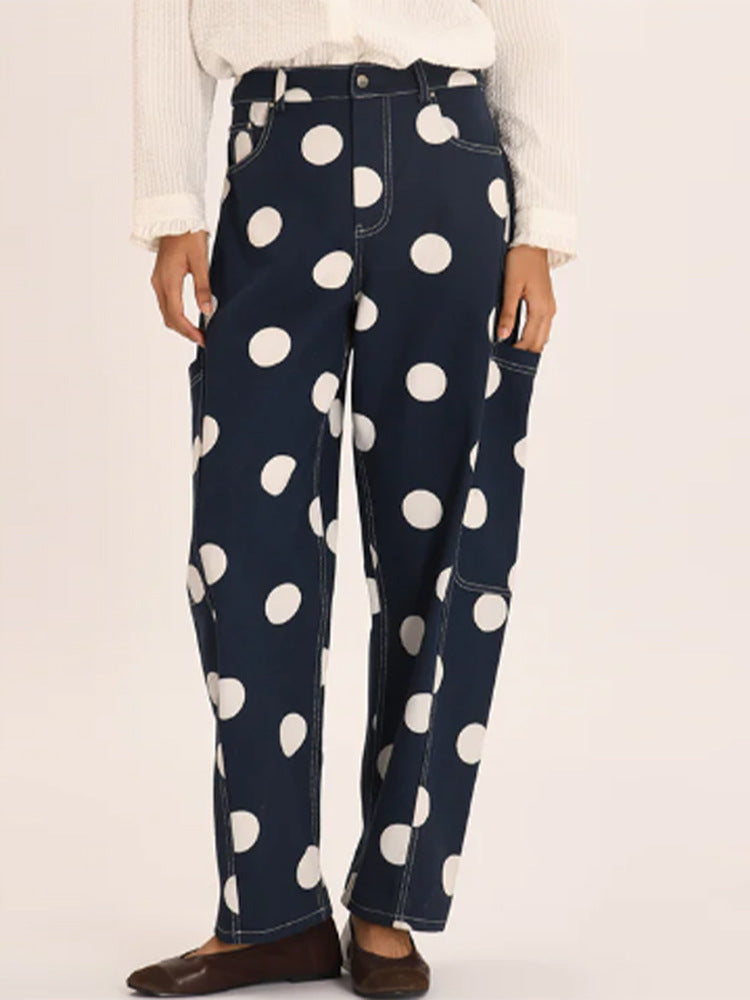 Women's wide cargo pants with high waist, polka dot print and visible contrast stitching EVA-US