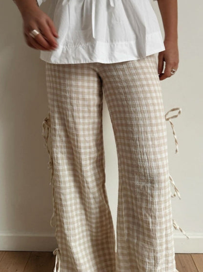 Women High-Waist Linen-Look Pants with Gingham Check, Wide Leg & Side Tie Details EVA-US