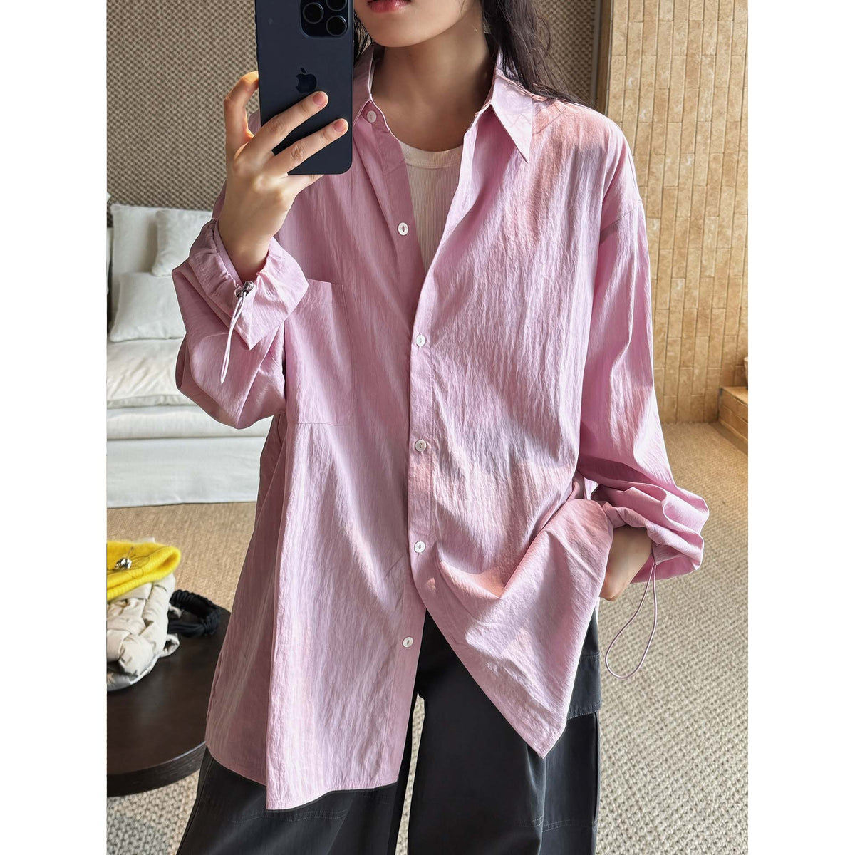 Women Oversized Shirt Blouse with Crinkle Look and Elastic Sleeve Cuffs EVA-US