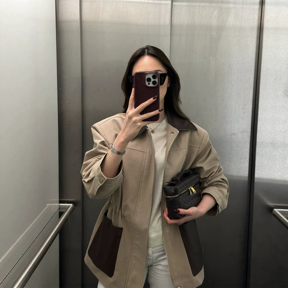 Women Boxy Field Jacket with contrast collar in leather look and appliqued pockets EVA-US