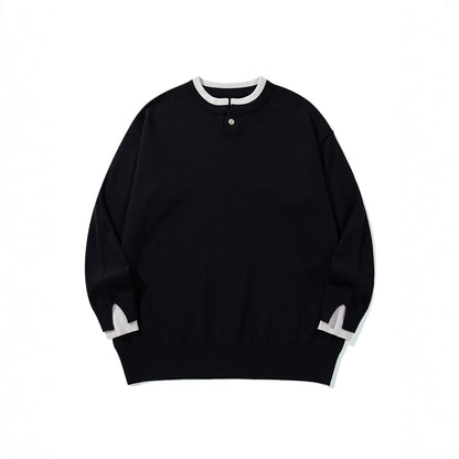 Unisex Oversize knit pullover with short Henley button placket and thumb hole cuffs EVA-US
