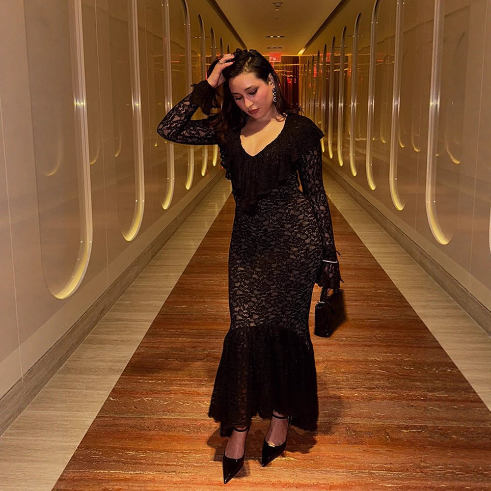 Women Figur-hugging Lace Maxi Dress with Ruffle Collar and Bell Hem EVA-US