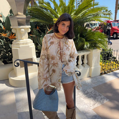 Women's Embroidered Linen Tunic Jacket with Drawstring, Volume Sleeves & Loose Silhouette EVA-US