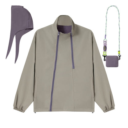 Unisex short cut technical windbreaker with asymmetric two-way zipper, detachable storm hood and shoulder mini bag EVA-US