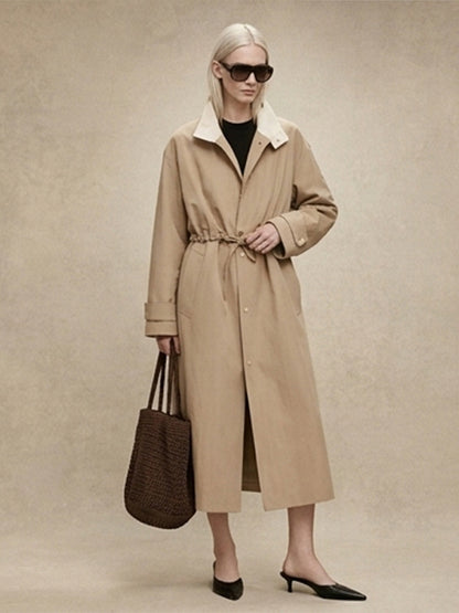 Women's Tailored Coat in Trench Coat Style with Drawstring Waist and Contrast Collar EVA-US