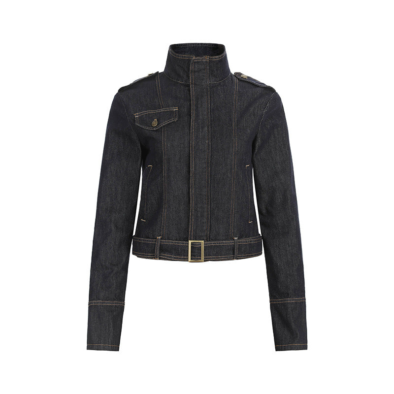 Women's tailored denim jacket with high stand-up collar, waist belt and shoulder patches EVA-US