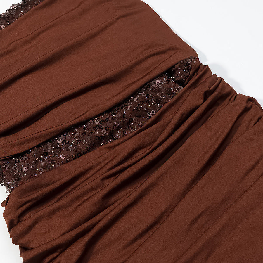 Ladies evening dress with off-the-shoulder draped top and sequin insert EVA-US
