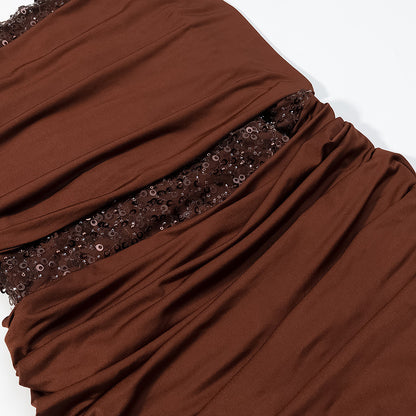 Ladies evening dress with off-the-shoulder draped top and sequin insert EVA-US