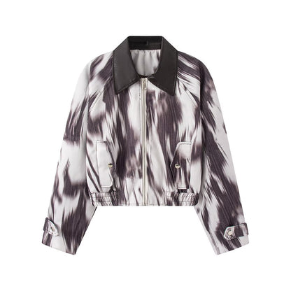 Women's Short Bomber Jacket in Cropped Style with Contrasted Faux Leather Collar and Abstract Print EVA-US