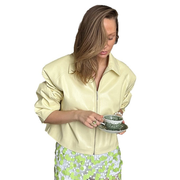 Women's Tailored Zip Blouson Set with Shirt Collar and Midi Skirt EVA-US