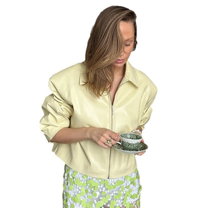 Women's Tailored Zip Blouson Set with Shirt Collar and Midi Skirt EVA-US