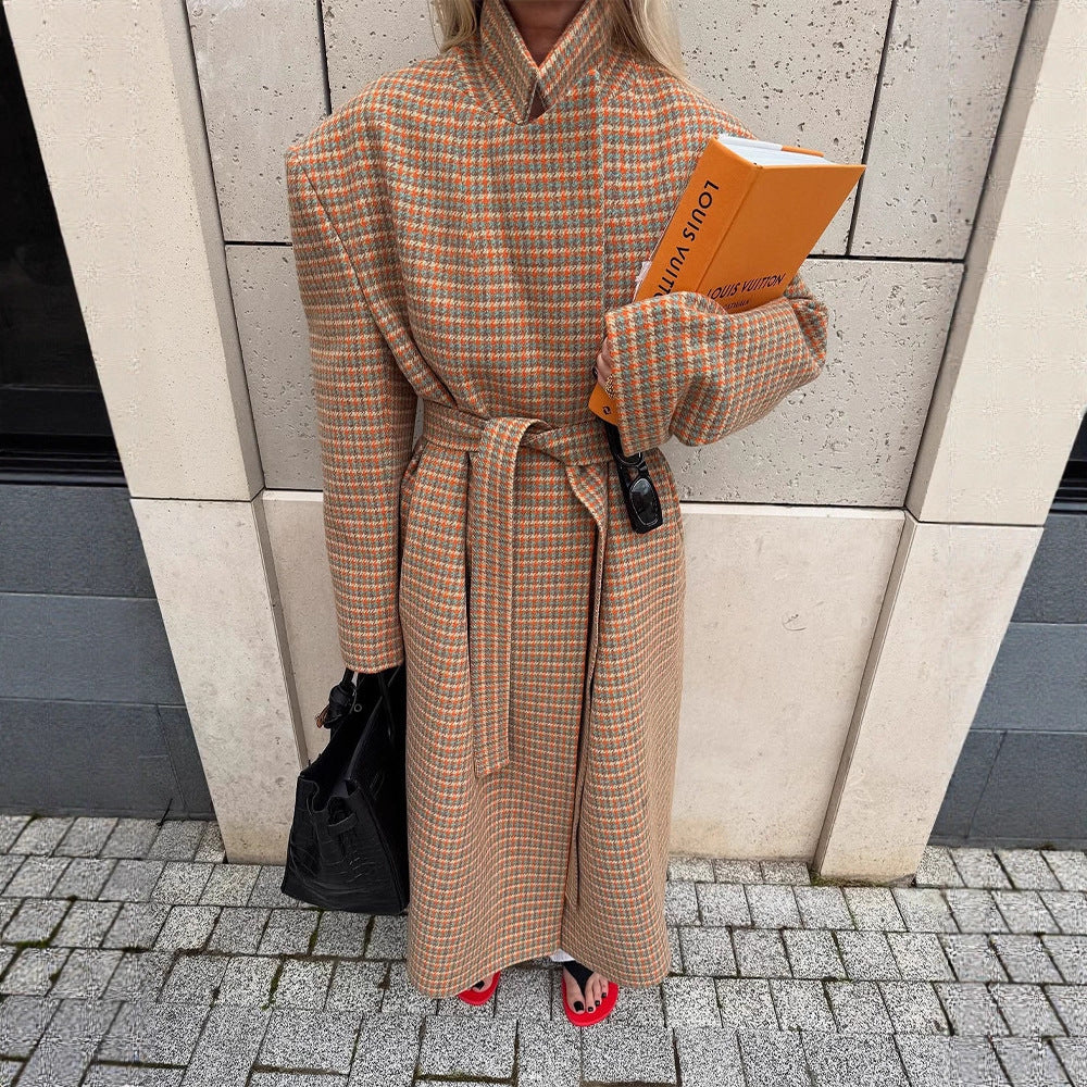 Women Oversize Wool Coat with Houndstooth Pattern and Waist Belt EVA-US