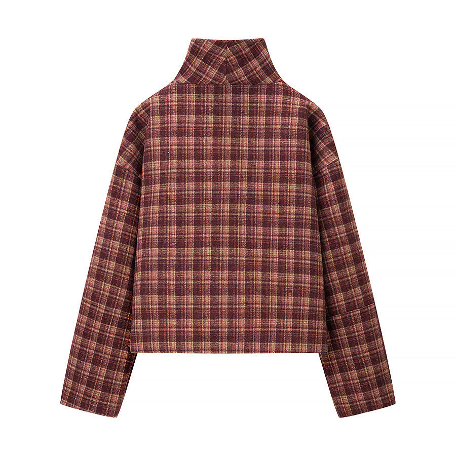 Women's short jacket in checked pattern with boxy cut, stand-up collar and asymmetrical button placket EVA-US