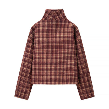 Women's short jacket in checked pattern with boxy cut, stand-up collar and asymmetrical button placket EVA-US