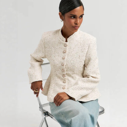 Women's Boucle Blazer with Stand Collar and Fitted Peplum Silhouette EVA-US