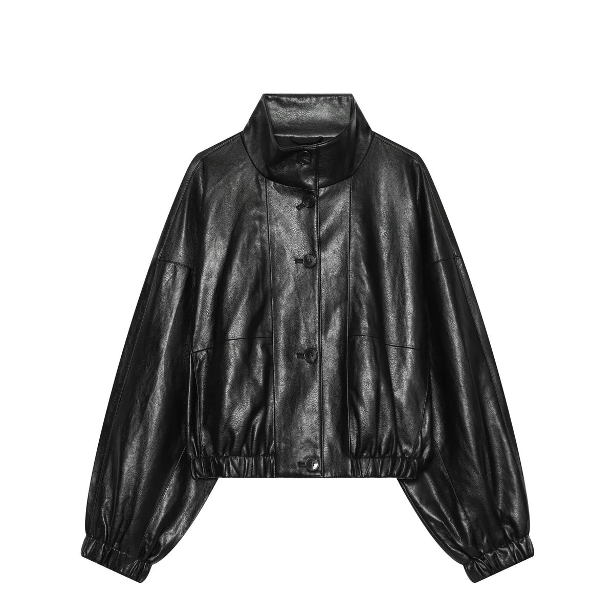 Women's Short Faux Leather Bomber Jacket with High Funnel Collar and Elastic Hem EVA-US