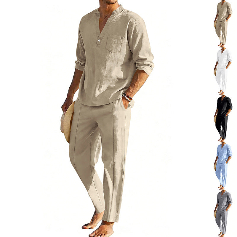 Men's comfortable linen two-piece with stand-up collar shirt and tapered ankle-length pants EVA-US