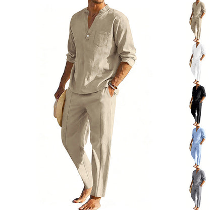 Men's comfortable linen two-piece with stand-up collar shirt and tapered ankle-length pants EVA-US