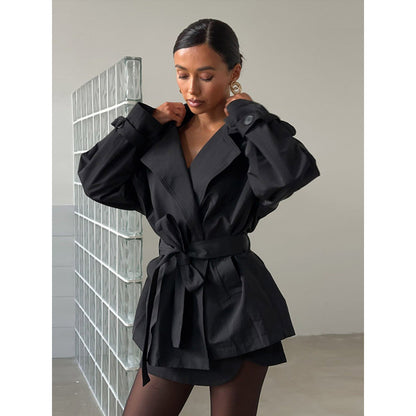 Women's Short Tailored Trench with Cape Overcoat and Tie Belt EVA-US