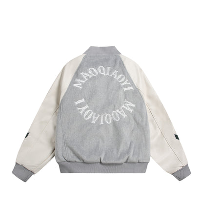 Unisex varsity bomber jacket in material mix with embroidery and application details EVA-US
