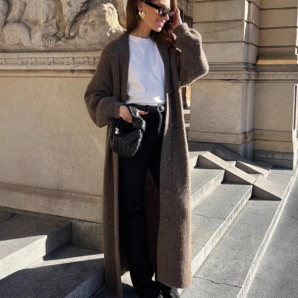 Women's Maxi Long Knit Coat in Mohair Look with Concealed Button Placket and Loose Silhouette EVA-US