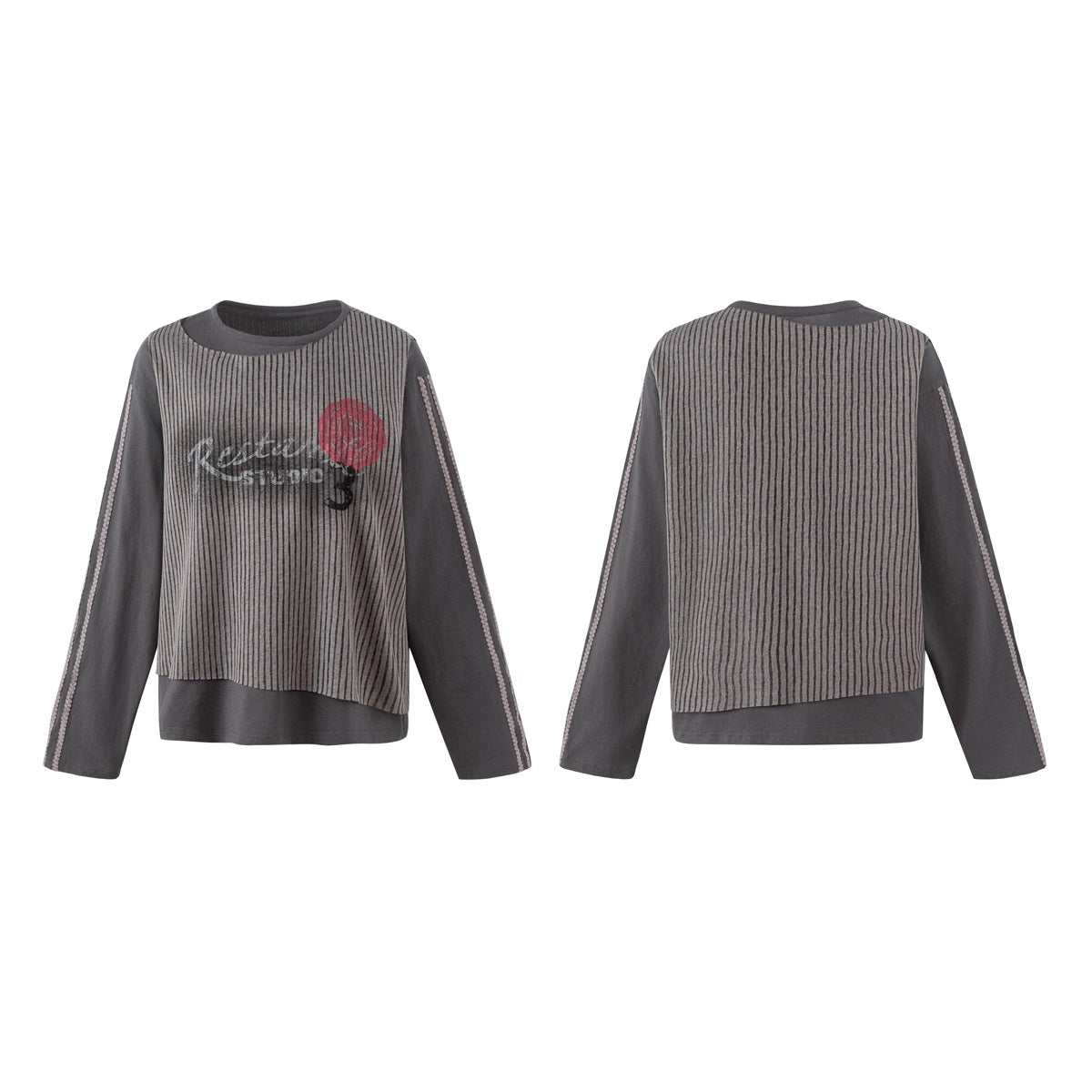 Women Layered Long Sleeve Shirt with Striped Front Panel and Lace Band EVA-US