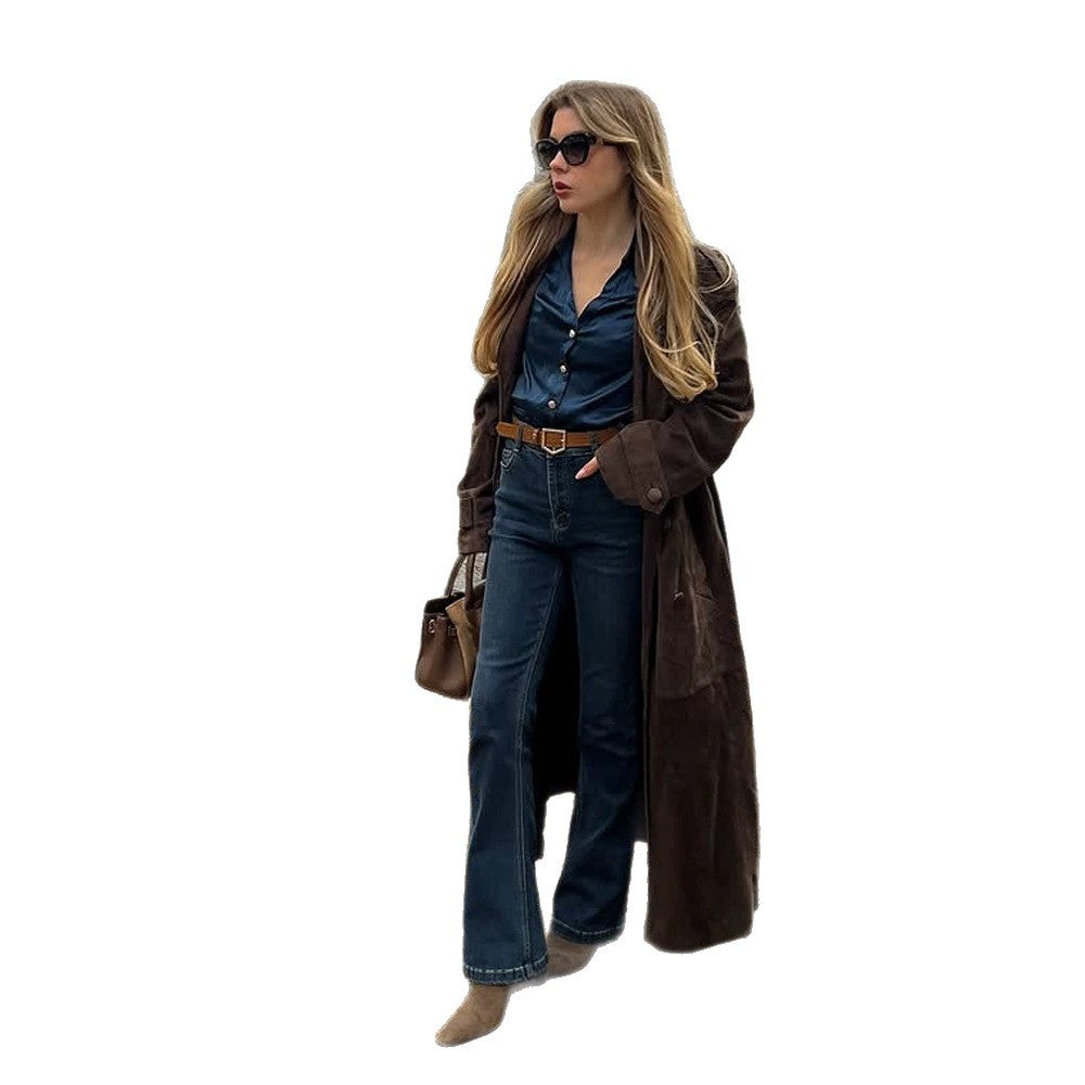Ladies Long Cut Suede Trench Coat with Oversized Collar and Tie Belt EVA-US