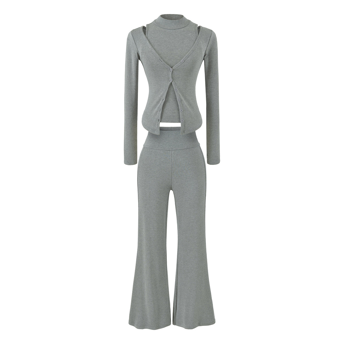 Women Figure-Hugging Layering Set with Turtleneck Long Sleeve and Asymmetrical Button Jacket and Flared High-Waist Pants EVA-US