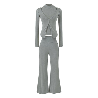 Women Figure-Hugging Layering Set with Turtleneck Long Sleeve and Asymmetrical Button Jacket and Flared High-Waist Pants EVA-US