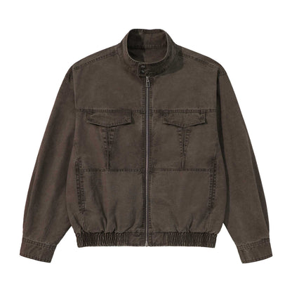 Men's short-cut utility jacket with high stand-up collar, zipper, and elastic hem EVA-US