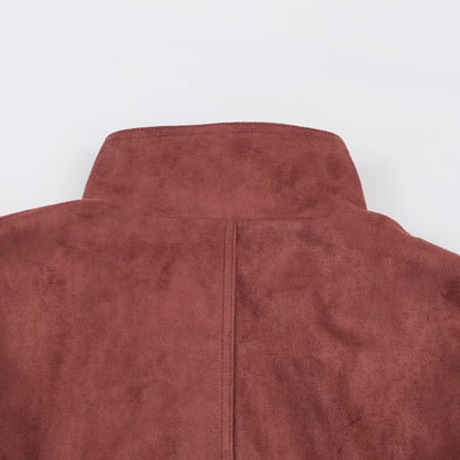 Women's short jacket in velvet look with high funnel collar, concealed closure and waist tie belt EVA-US