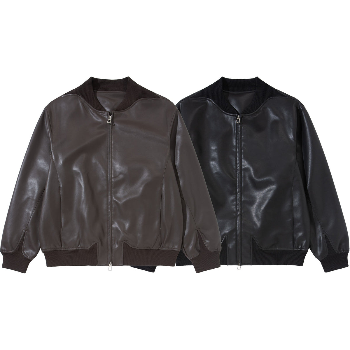 Men's smooth leather bomber jacket with concealed front and elastic ribbed cuffs