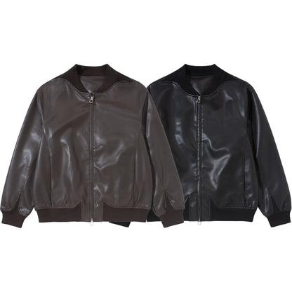 Men's smooth leather bomber jacket with concealed front and elastic ribbed cuffs