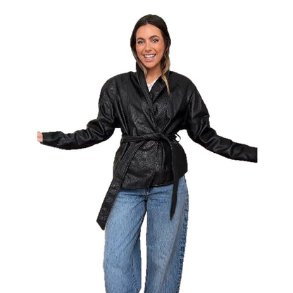 Women's Tailored Wrap Blouson in Structured Leather Look with Tie Belt EVA-US