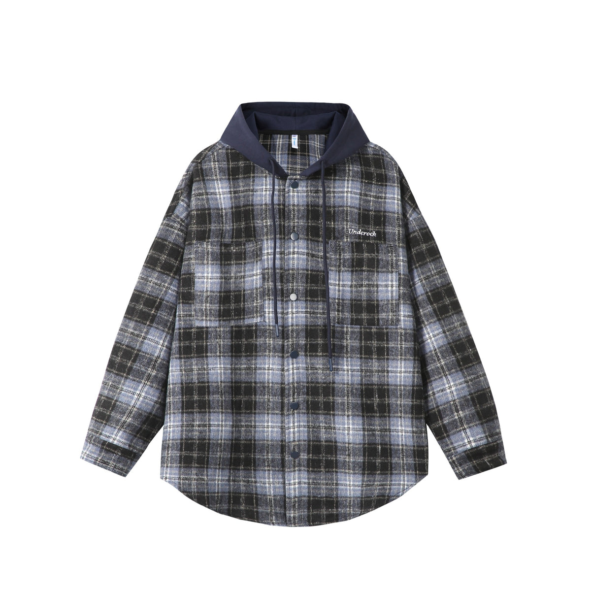 Unisex Oversized Check Shirt Jacket with Hood, Snap Buttons and Chest Pocket EVA-US